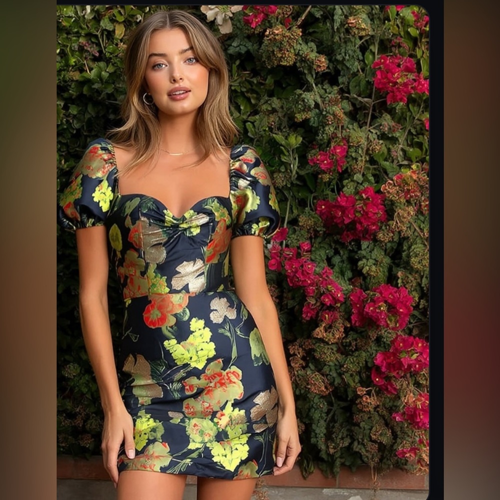 New Lulus So Stunning Navy Blue Floral Jacquard Puff Sleeve Mini Dress